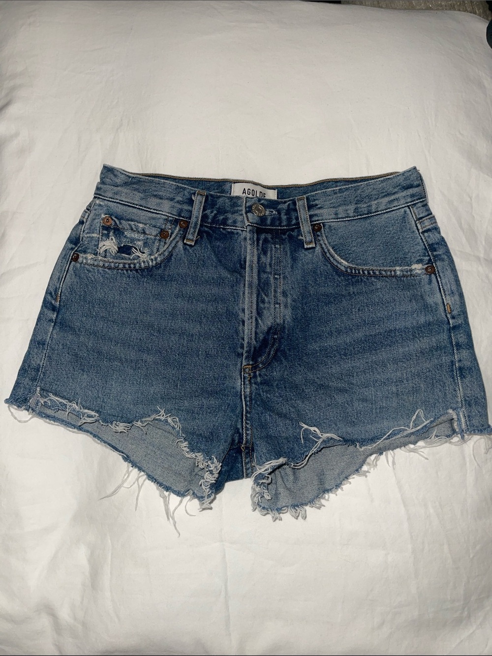 Agolde Raw Hem Distressed Jean Shorts in Medium Blue - Picture 3 of 16